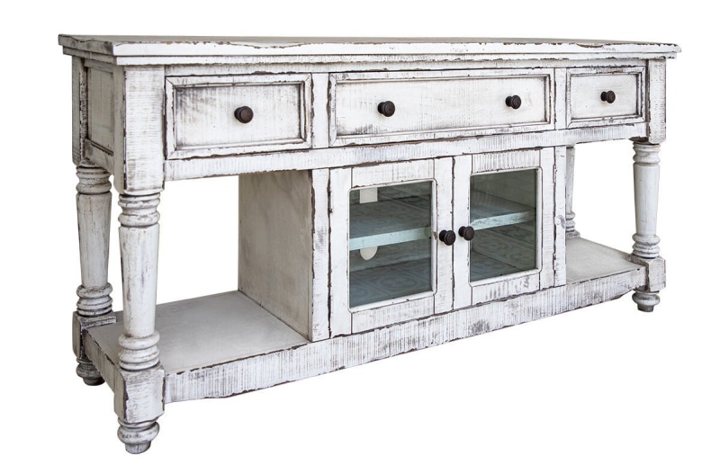70" White Solid Wood Open Shelving Distressed TV Stand