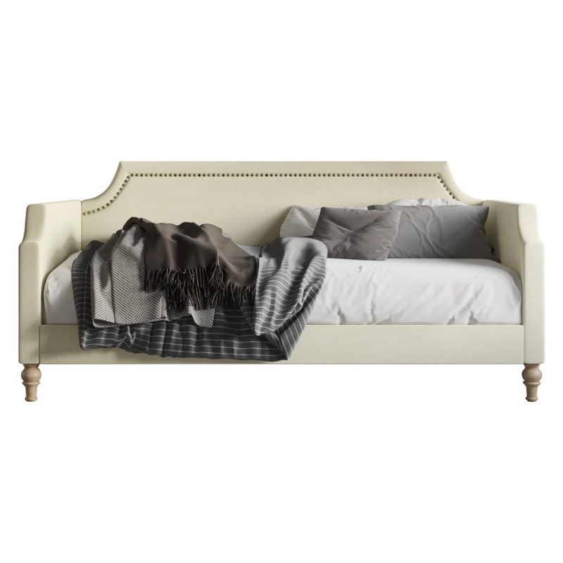 Twin Size Beige Cream Polyester Fabric Upholstered Daybed With Nailhead Trim