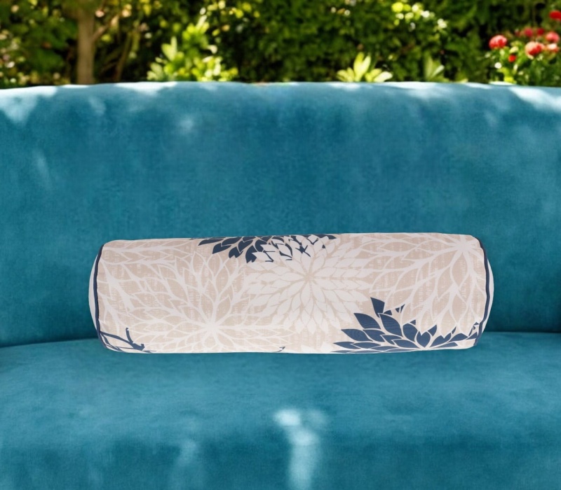6" x 20" Beige Blue and Ivory Bolster Floral Pillow