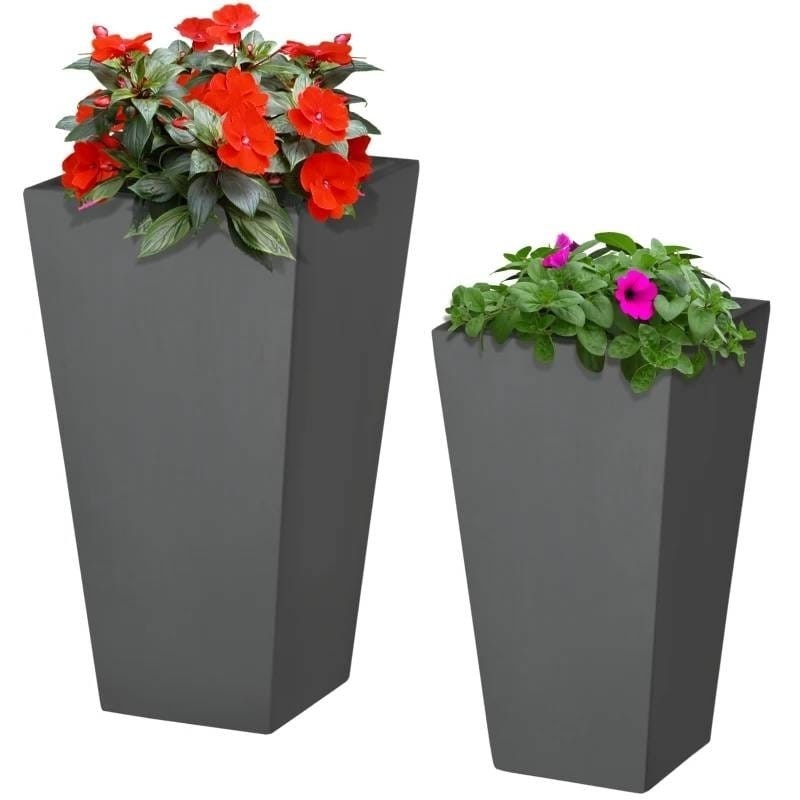 Set Of 2 Modern Lightweight Outdoor Flower Pot Planters In Grey 22-In And 18-In