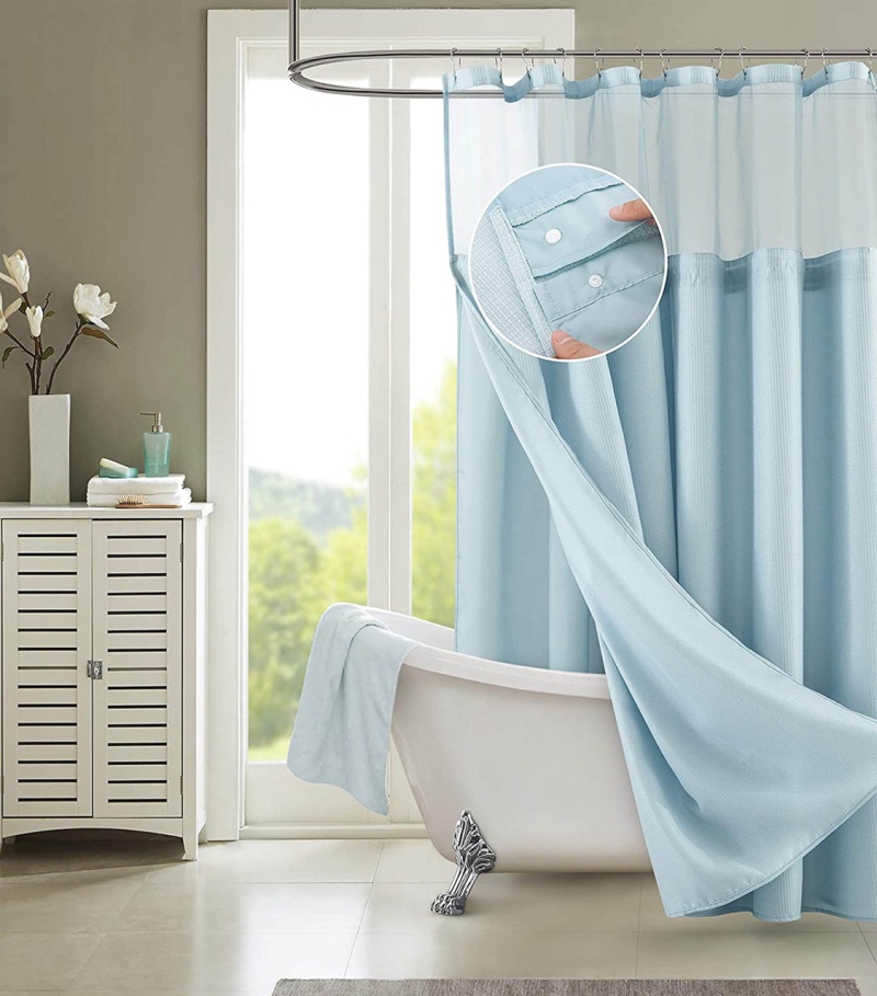 Light Blue Sheer And Grid Shower Curtain And Liner Set