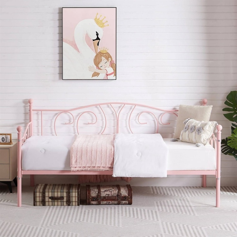 Twin Size Victorian Pink Metal Daybed Frame - 350 Lbs. Weight Capacity