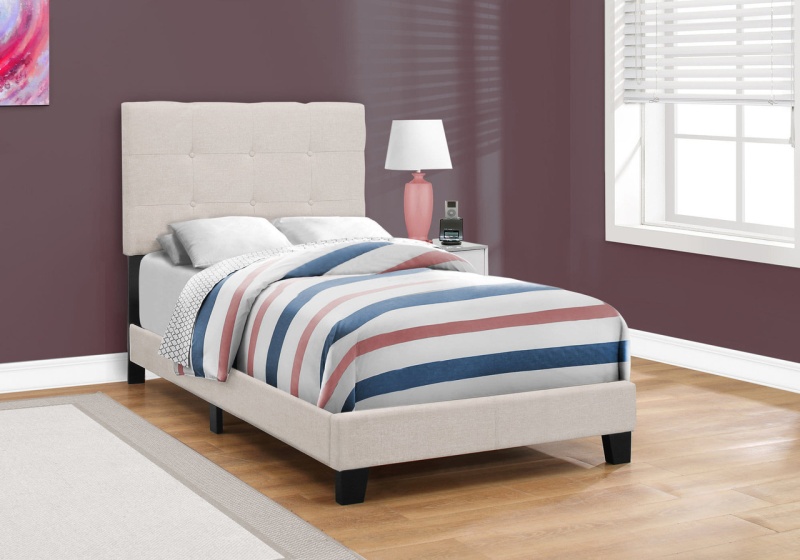 Beige Twin Tufted Upholstered Linen Bed Frame With Nailhead Trim