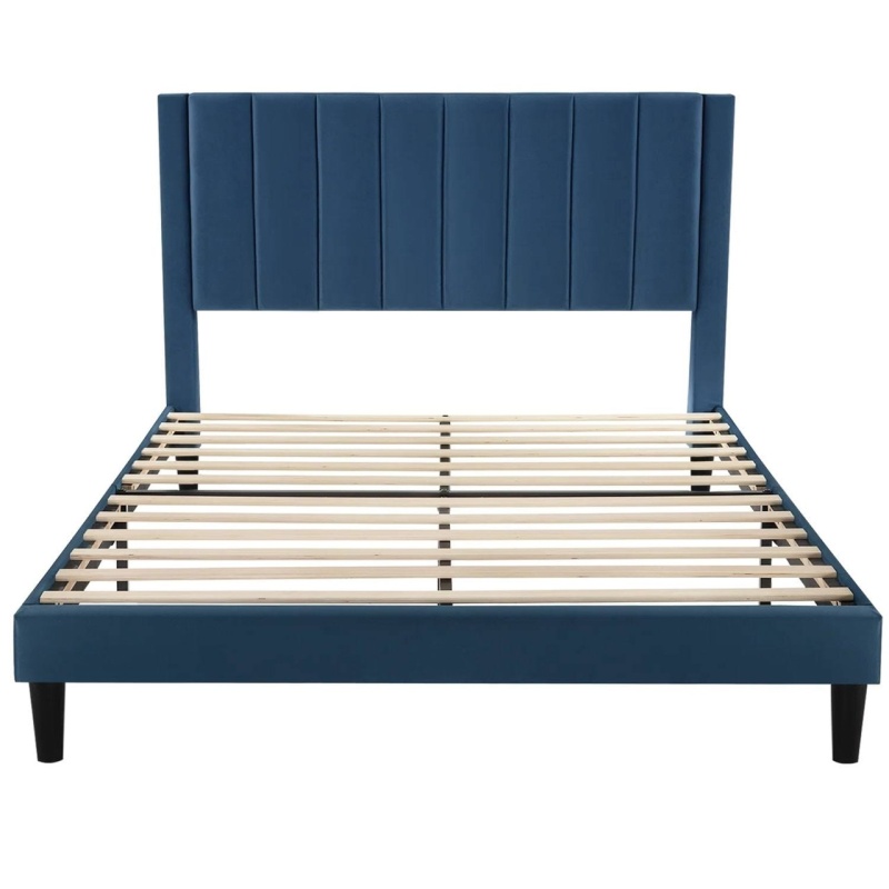 Queen Size Modern Navy Blue Velvet Upholstered Platform Bed With Headboard