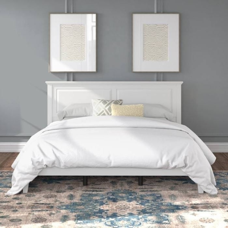 King Traditional Solid Oak Wooden Platform Bed Frame With Headboard In White