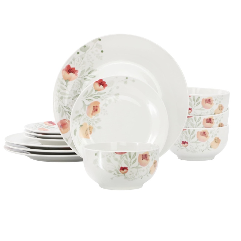 Elama Poppy 12 Piece Porcelain Dinnerware Set, Service For 4
