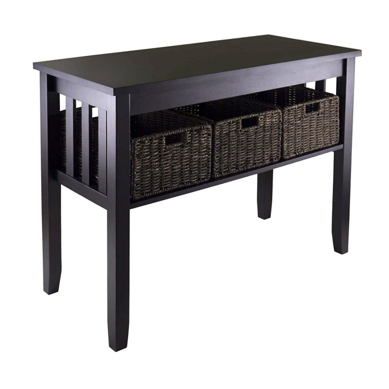 Espresso 2 Tier Entryway Hall Console Table With 3 Storage Baskets