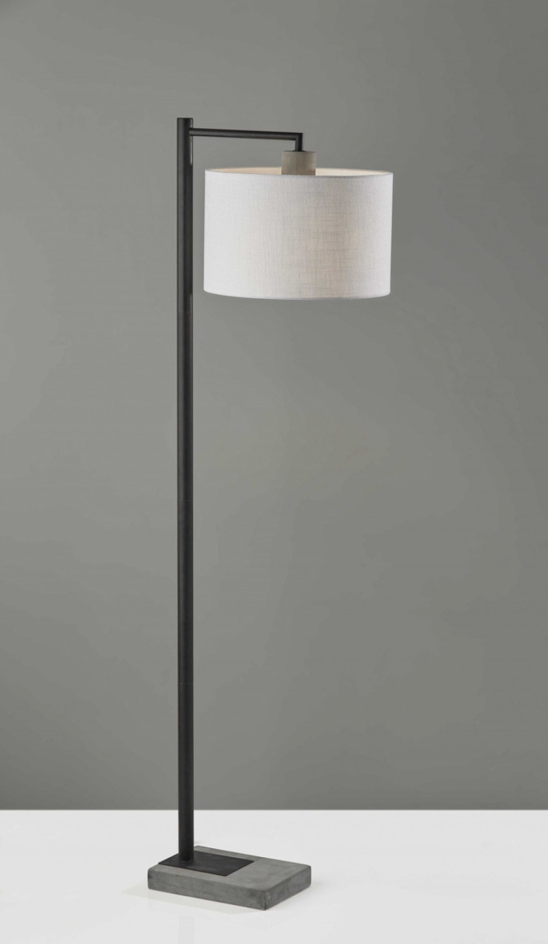 61" Grey and Black Arc Floor Lamp with White Fabric Drum Shade