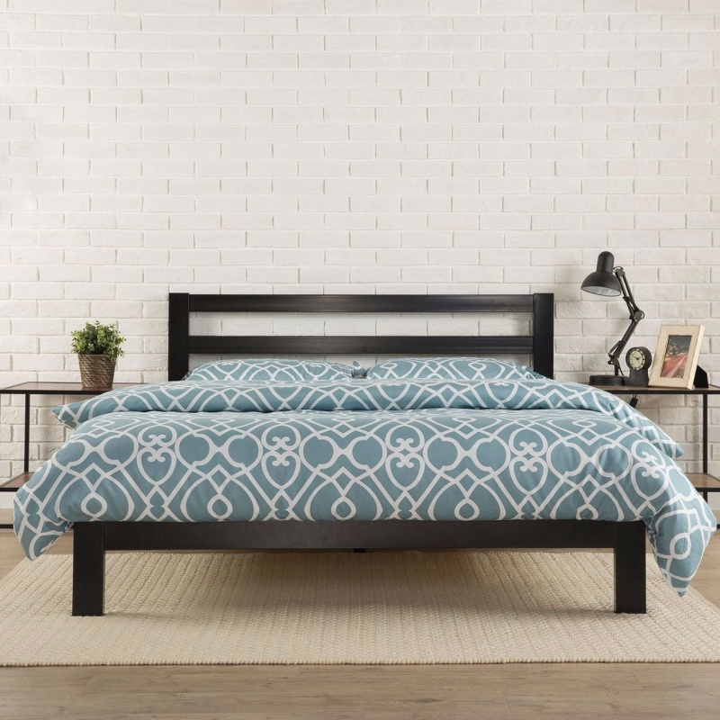 King Size Heavy Duty Metal Platform Bed Frame With Headboard And Wood Slats