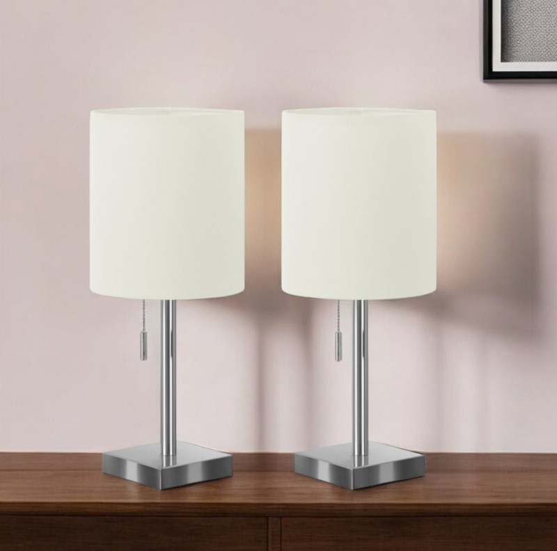 Set of Two 17" Silver Metal Candlestick USB Table Lamps with Ivory Drum Shade