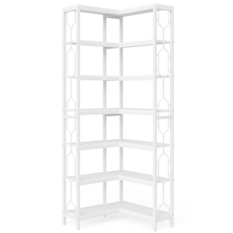 Industrial 7-Tier Metal/Wood Corner Bookcase In White