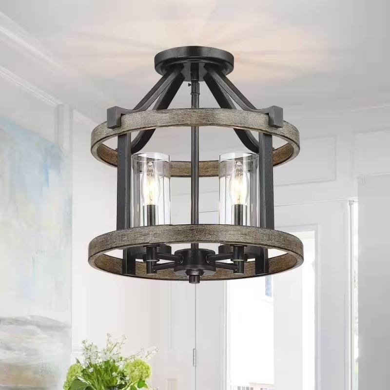 Round 4-Light Metal Wood Farmhouse Ceiling Lamp