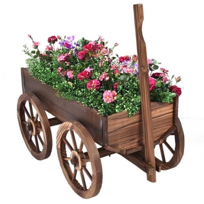 Outdoor Garden Fir Wood Barrel Planter Wagon On Wooden Wheels