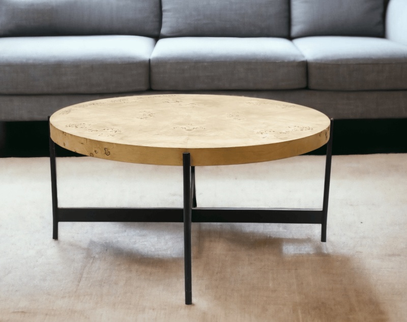 36" Natural And Black Wood And Iron Round Coffee Table