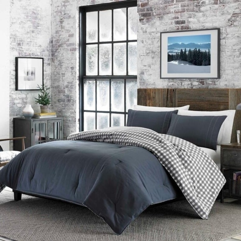 Full/Queen Size 100% Cotton Reverse Plaid Gray/White Comforter Set