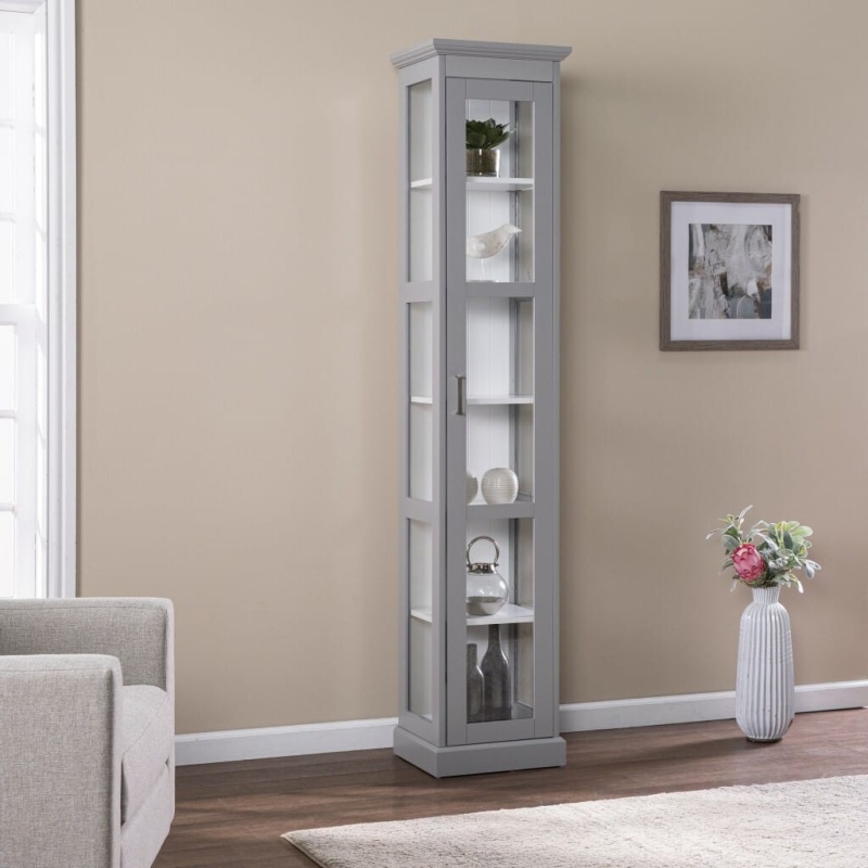 Gray Cornice Molding Curio With Glass Door