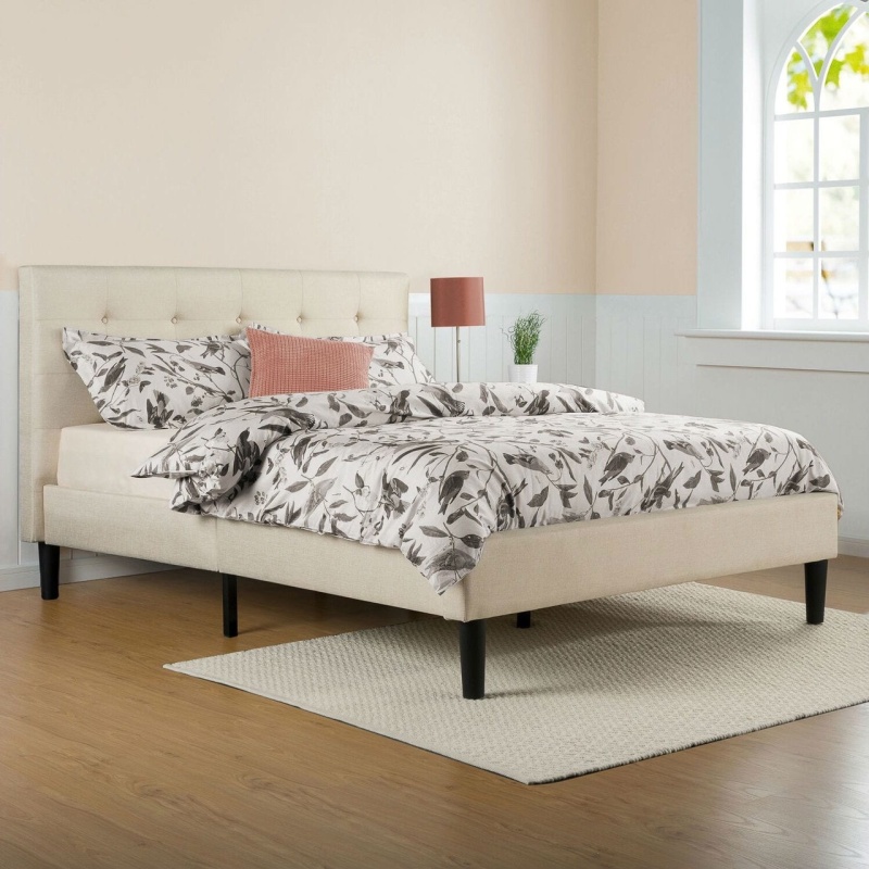 Queen Size Taupe Beige Upholstered Platform Bed Frame With Headboard