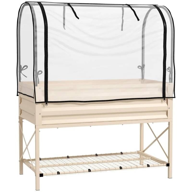 Cream Elevated Metal Raised Garden Bed with Greenhouse Cover
