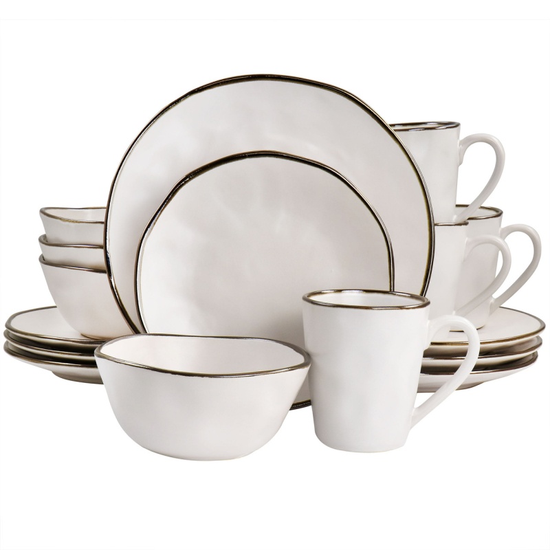 Elama Modern 16 Piece Stoneware Dinnerware Set In Matte White With Gold Rim