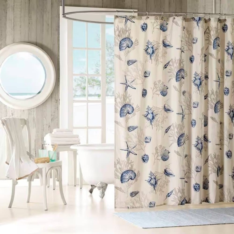 Khaki Beige Cotton Shower Curtain with Seashells
