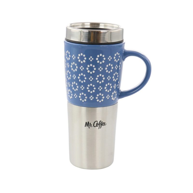 Mr. Coffee Travertine 16 Ounce Stoneware And Stainless Steel Travel Mug With Lid In Blue