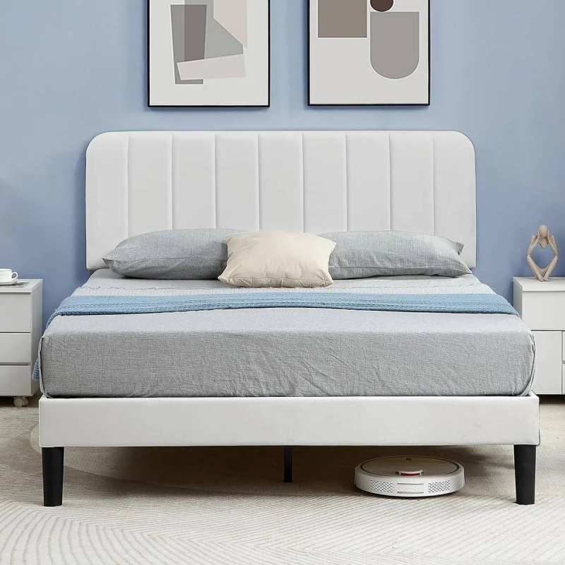 Queen Size White Upholstered Platform Bed Frame With Headboard