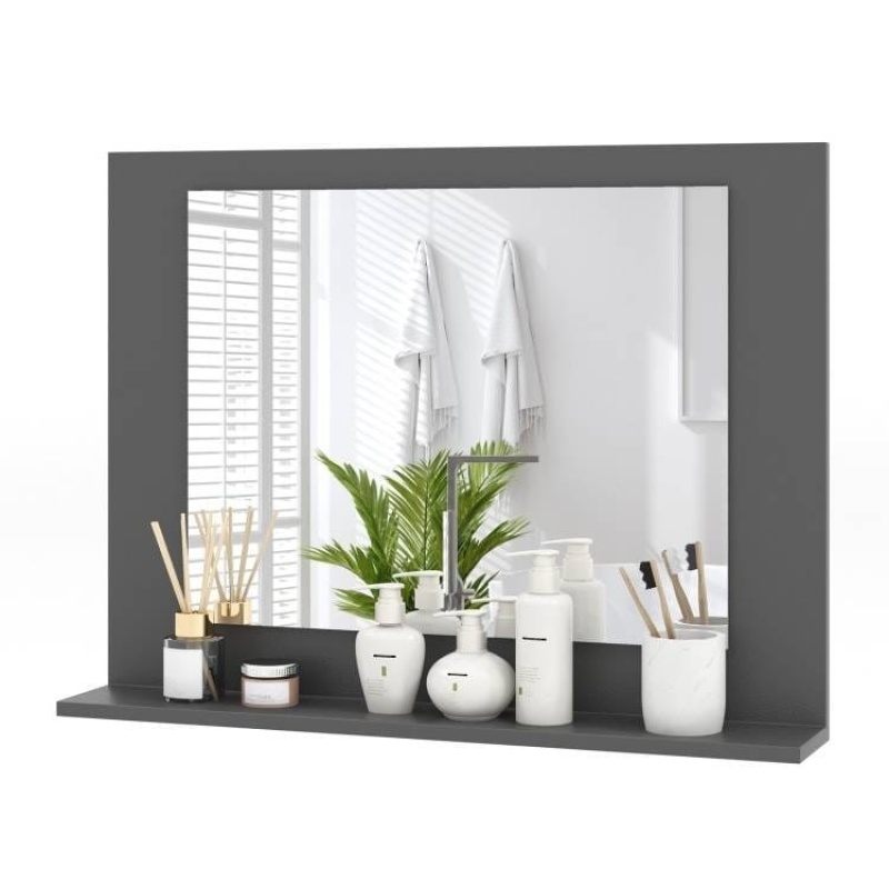 Rectangular 23 X 17 Inch Bathroom Mirror With Storage Shelf In Grey Wood Finish