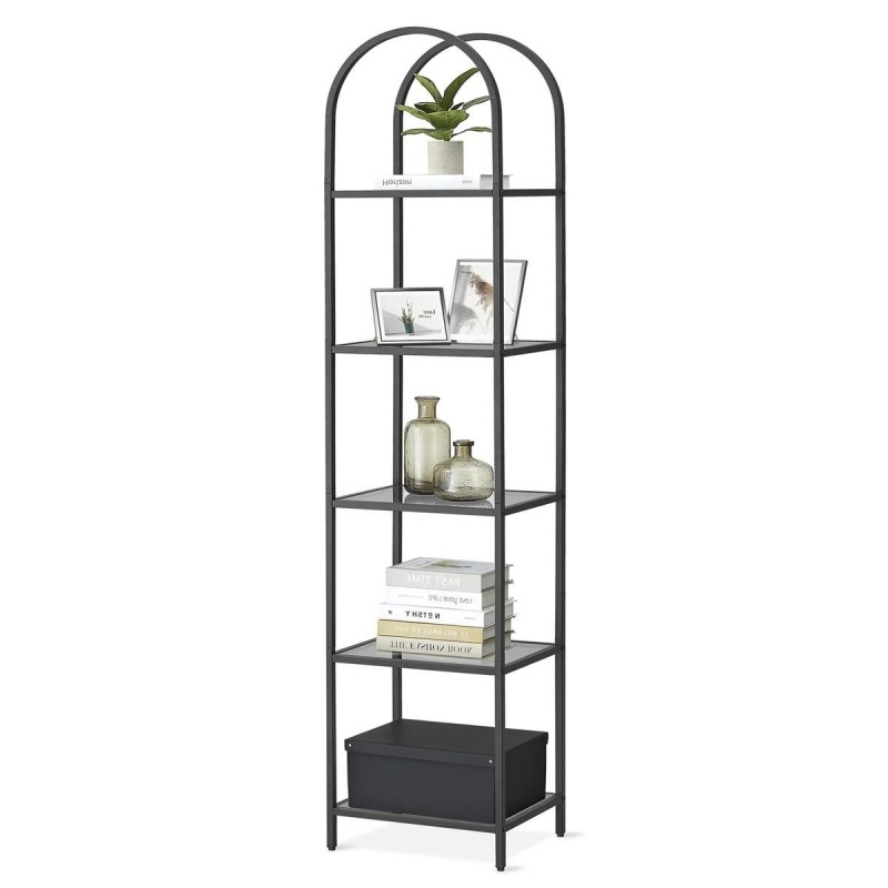 Arched Top Black Metal Display Rack with 5 Glass Shelves