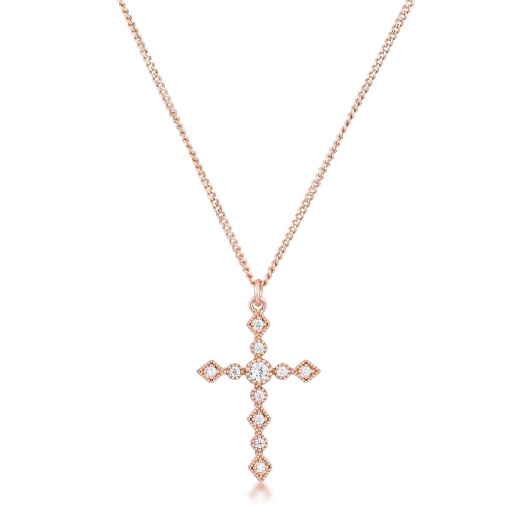 Dainty Art Deco Rose Gold Plated Clear Cz Cross Pendant