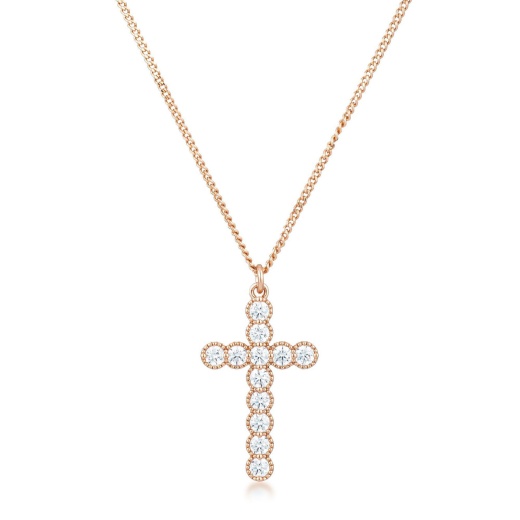 Micro Beaded Rose Gold Plated Clear Cz Cross Pendant