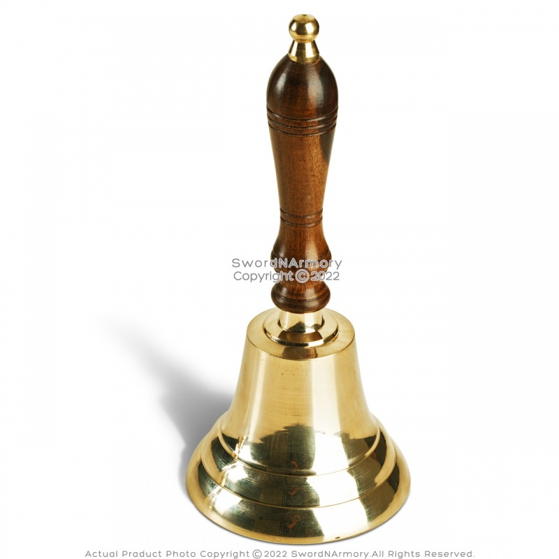 Brass School Bell Wooden Handle With Brass Detail Cast Iron Clapper Rich Tone