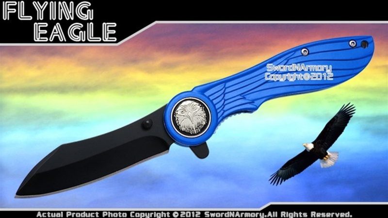Flying Eagle Spring Assisted Opening Folder Feather Look Pocket Knife Blue Handle