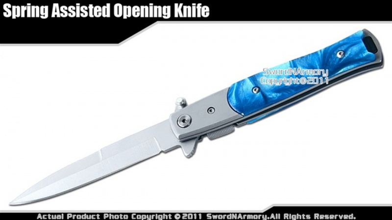 Stiletto Style Assisted Opening Knife Folder Blue Pearl