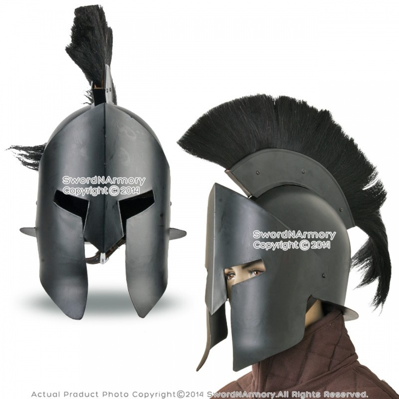 Wearable Steel Greek Spartan King Crested Helmet In Black Finish Larp With Liner