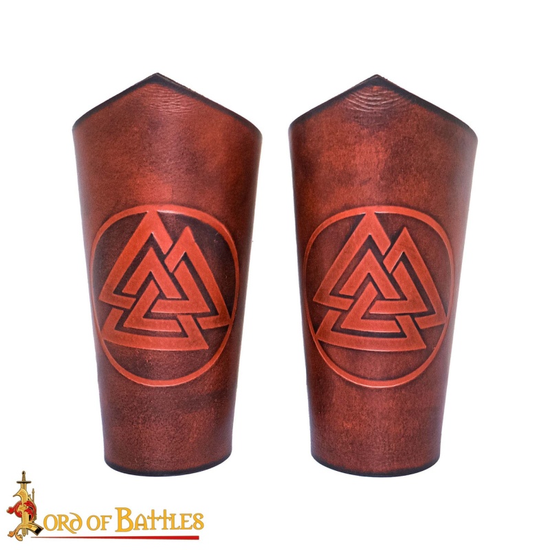 Warrior Of The Realm Genuine Leather Bracers With Viking Valknut Symbol