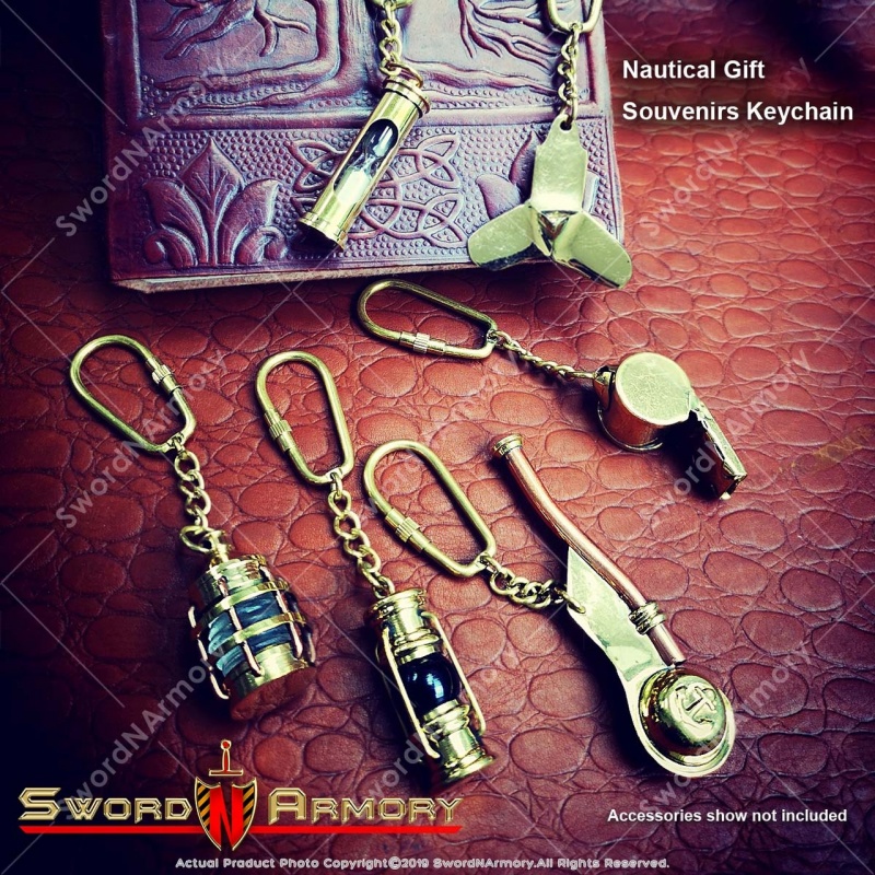 Set Of 6 Handmade Brass Miniature Keychain Keyring Nautical Gift Souvenir Sand Timer Whistle Lantern Ship Propeller