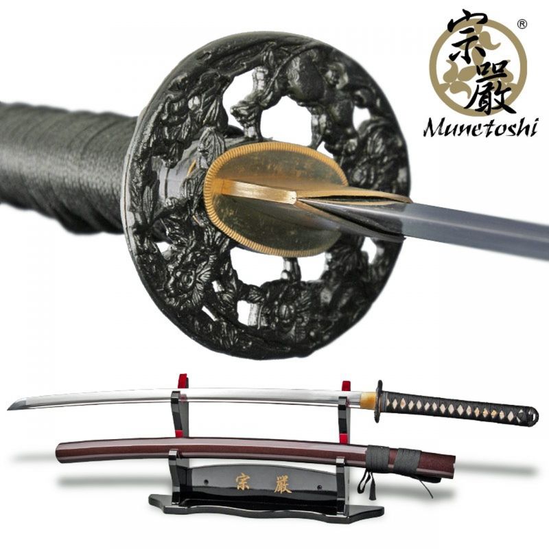 Munetoshi Liondog 1060 Dh Handmade Differentially Hardened Samurai Katana Sword Red Saya