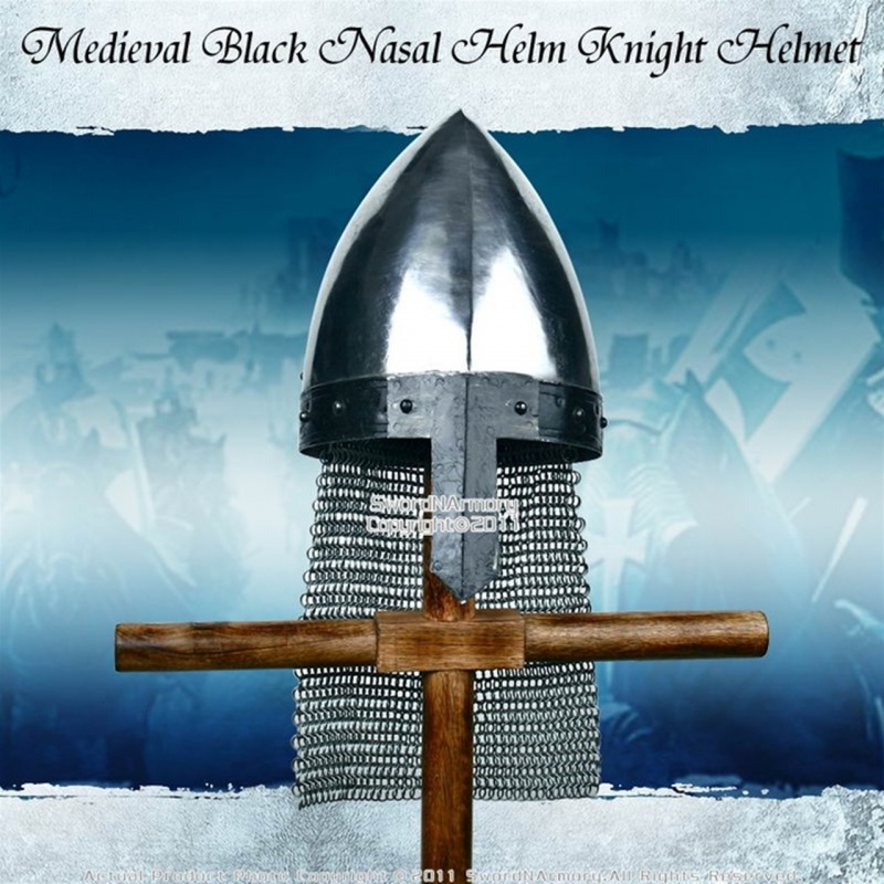 Medieval Black Nasal Helm Knight Helmet W/ Chain Mail