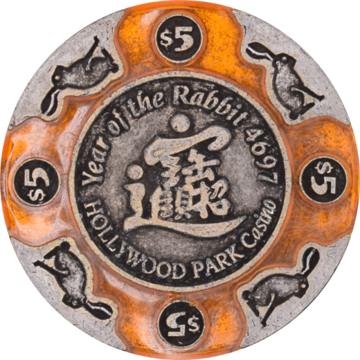 Hollywood Park Casino Inglewood California $5 Year Of The Rabbit Brass Chip 1999
