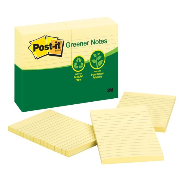 Post-It Greener Notes, 1200 Total Notes, Pack Of 12 Pads, 4 X 6, Canary  Yellow, Lined,100 Notes Per Pad