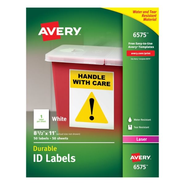 Avery Permanent Durable Id Labels With Trueblock, 6575, 8 1/2" X 11", White, Pack Of 50