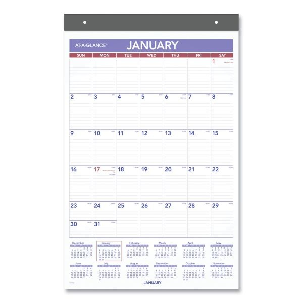 At-A-Glance Repositionable Wall Calendar, 15.5 X 22.75, White/Blue/Red Sheets, 12-Month (Jan To Dec): 2024