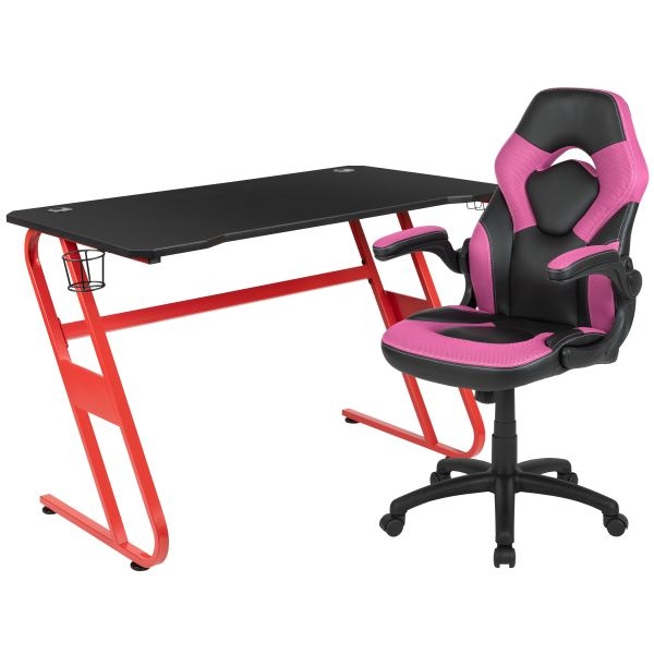 Optis Red Gaming Desk And Pink/Black Racing Chair Set With Cup Holder And Headphone Hook