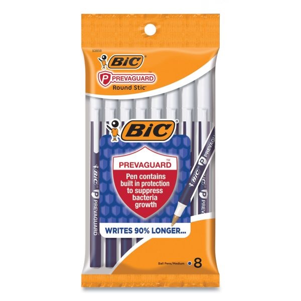 Bic Prevaguard Round Stic Pen, Stick, Medium 1 Mm, Blue Ink, Blue Barrel, 8/Pack