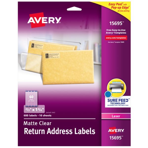 Avery Matte Return Address Labels With Sure Feed Technology, 15695, Rectangle, 2/3" X 1-3/4", Clear, Pack Of 600 Labels