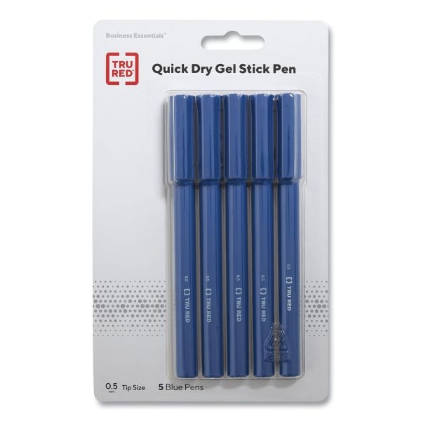 Tru Red Quick Dry Gel Pen, Stick, Fine 0.5 Mm, Blue Ink, Blue Barrel, 5/Pack