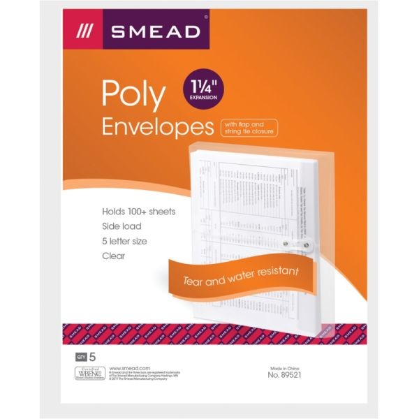 Smead Poly Envelopes With String-Tie Closure, 1 1/4" Expansion, Letter Size, Clear, Pack Of 5 Envelopes