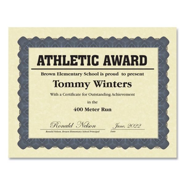 Great Papers! Metallic Border Certificates, 11 X 8.5, Ivory/Blue With Blue Border, 100/Pack