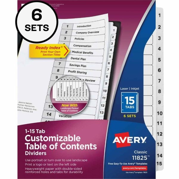 Avery Customizable Table Of Contents Ready Index Black And White Dividers, 15-Tab, 1 To 15, 11 X 8.5, White, 6 Sets