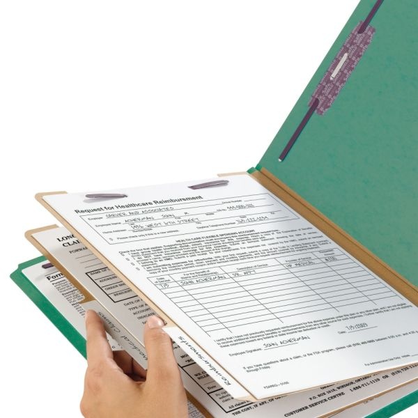 Smead End-Tab Classification Folders, With Safeshield Fasteners, 8 1/2" X 11", 2 Divider, 2 Partition, Green, Pack Of 10